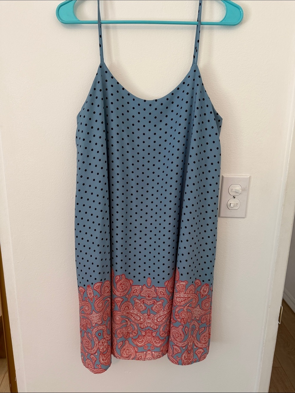 Polka Dot Slip Dress with Paisley Hem - Blue